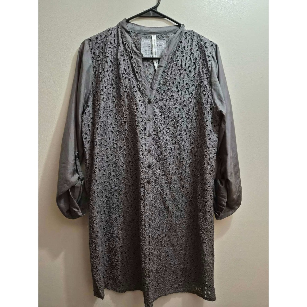 Vintage Johnny Was Eyelet Tunic Silver Grey 3/4 Roll Up Sleeve Top Small